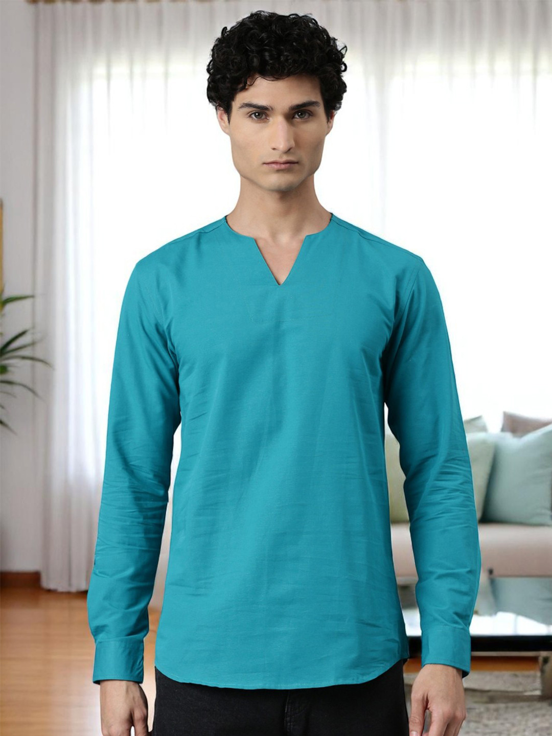 Kryptic Men Notch Neck Curved Above Knee Pure Cotton Kurta
