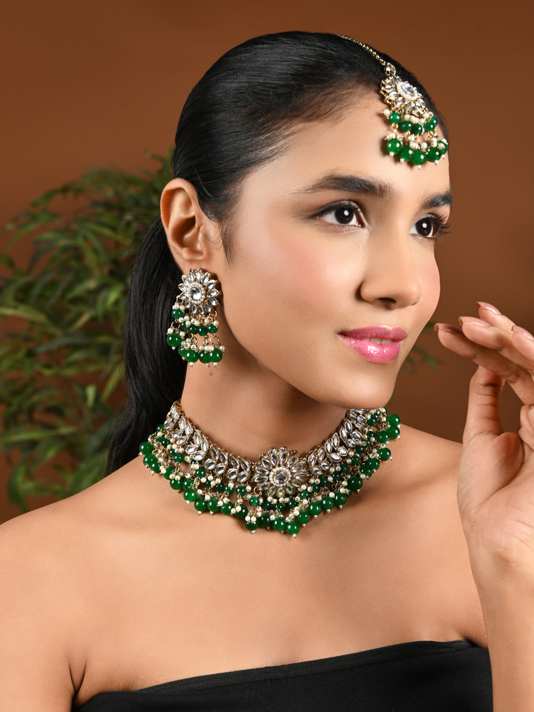 I Jewels Women Gold-Plated Kundan & Bead Studded Jewellery Set