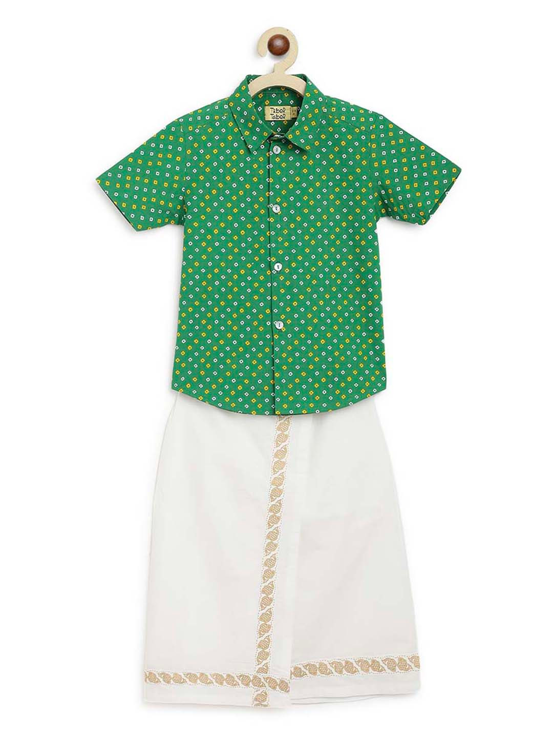 Tiber Taber Boys Green & White Printed Shirt And Vesti