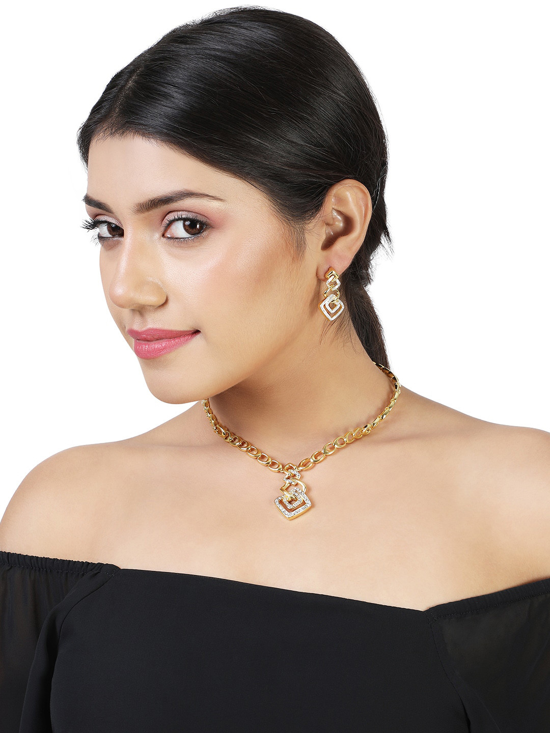 Estele Gold Plated Geometric Designer Necklace Set with Crystals