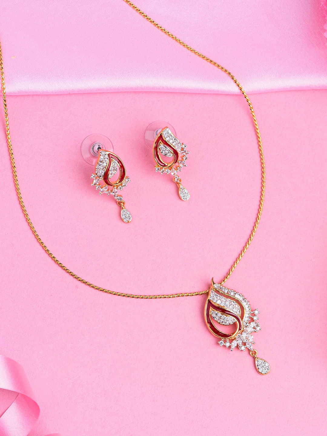 Estele Gold Plated CZ Mango Leaf Designer Pendant Set with Red Enamel for Women