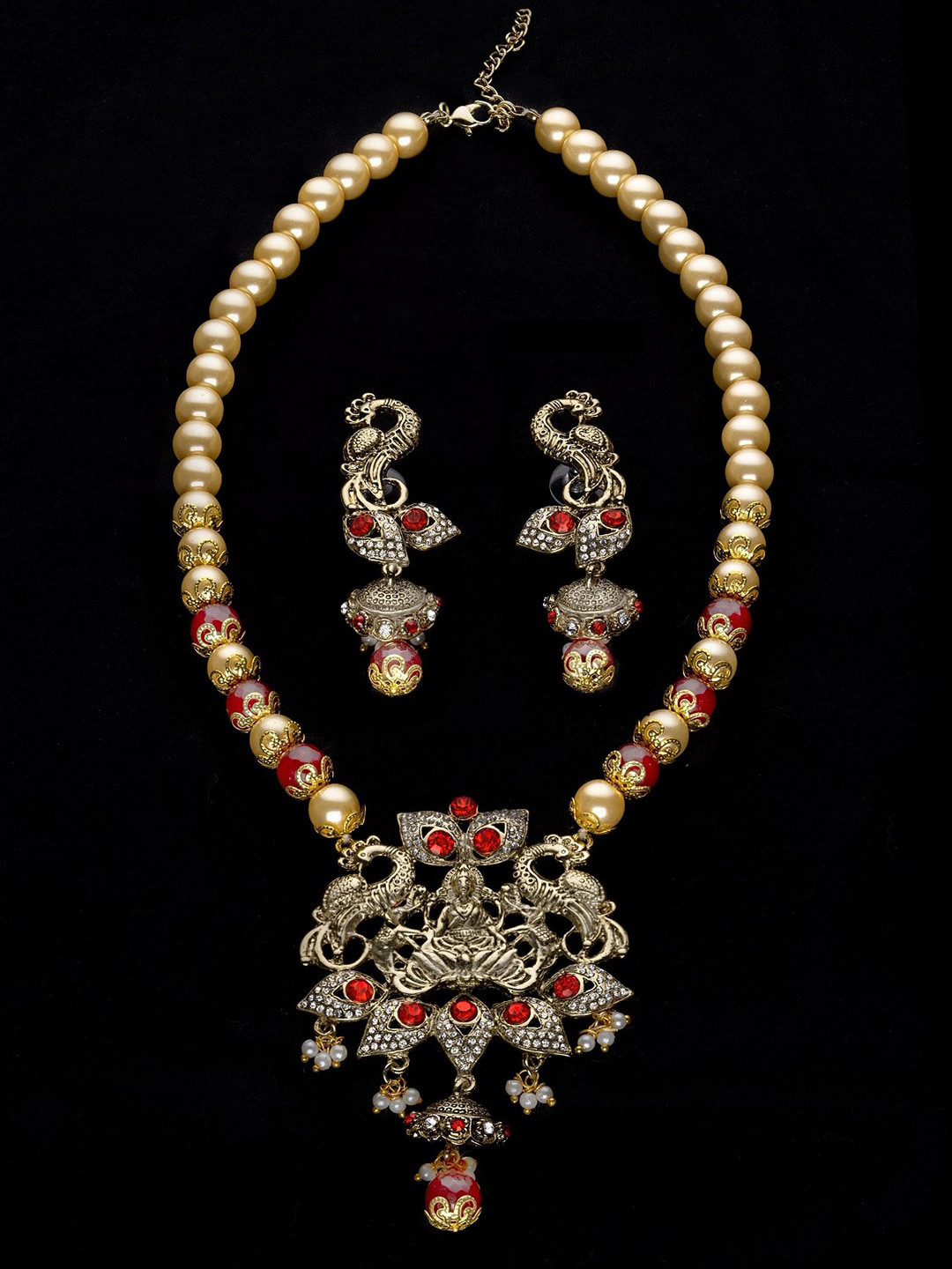 Estele Gold Plated Antique Laxmi Devi & Peacock Textured Necklace Set