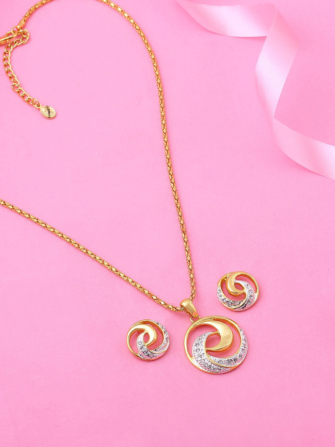 Estele Gold Plated Circular Designer Pendant Set with Crystals