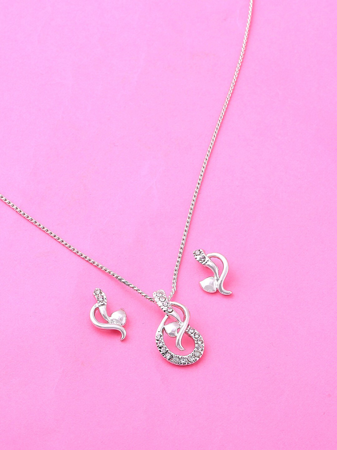 Estele Rhodium Plated Lyrical Beam Pendant Set with Austrian Crystals