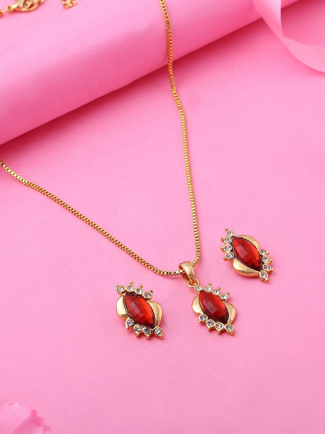 Estele Gold Plated Classic Designer Pendant Set with Red Stones Jewellery Set