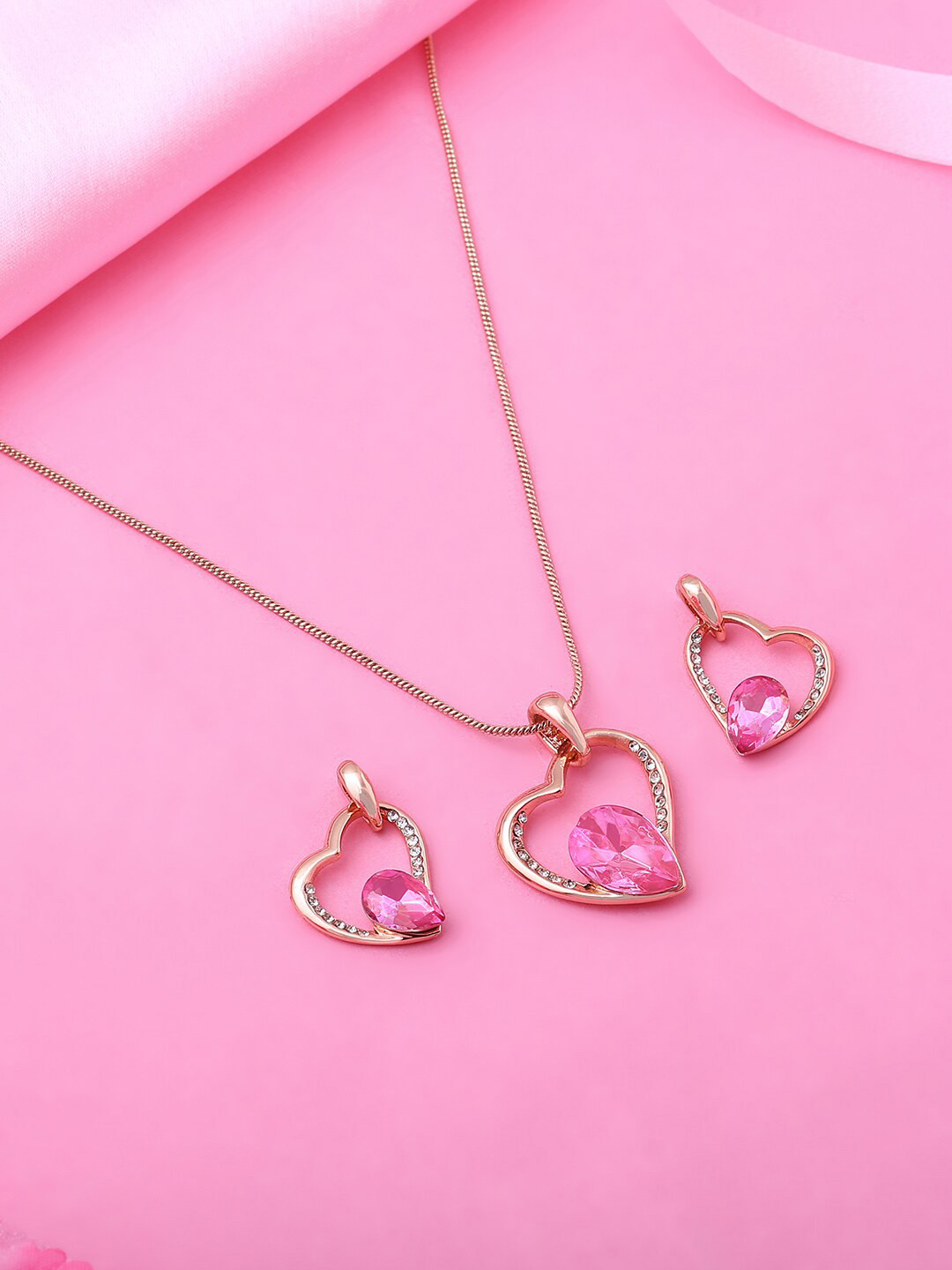 Estele Rose Gold Plated Hanging Heart Designer Pendant Set with Crystals for Women
