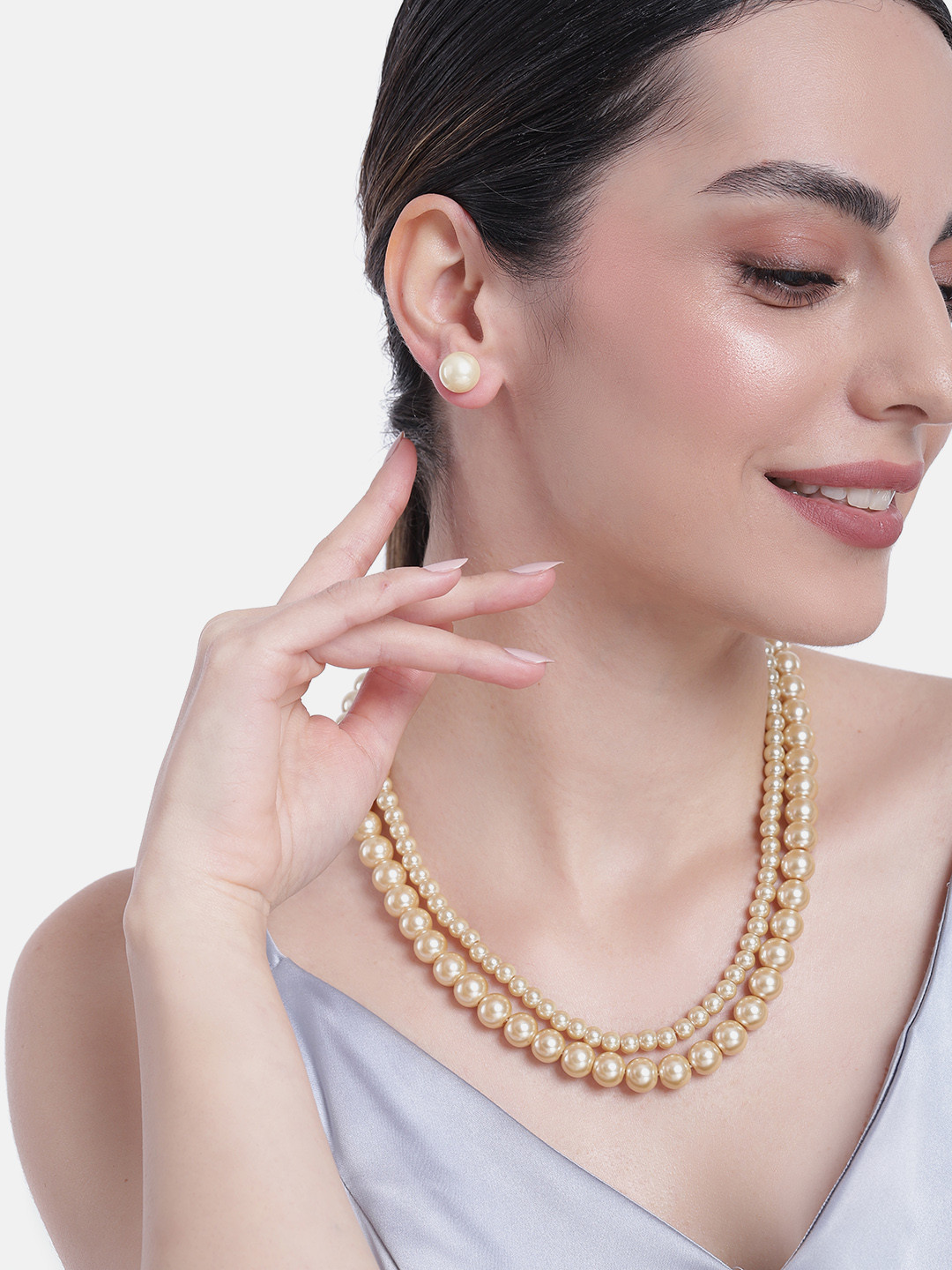 Estele Rhodium Plated Double Line Pearl Necklace