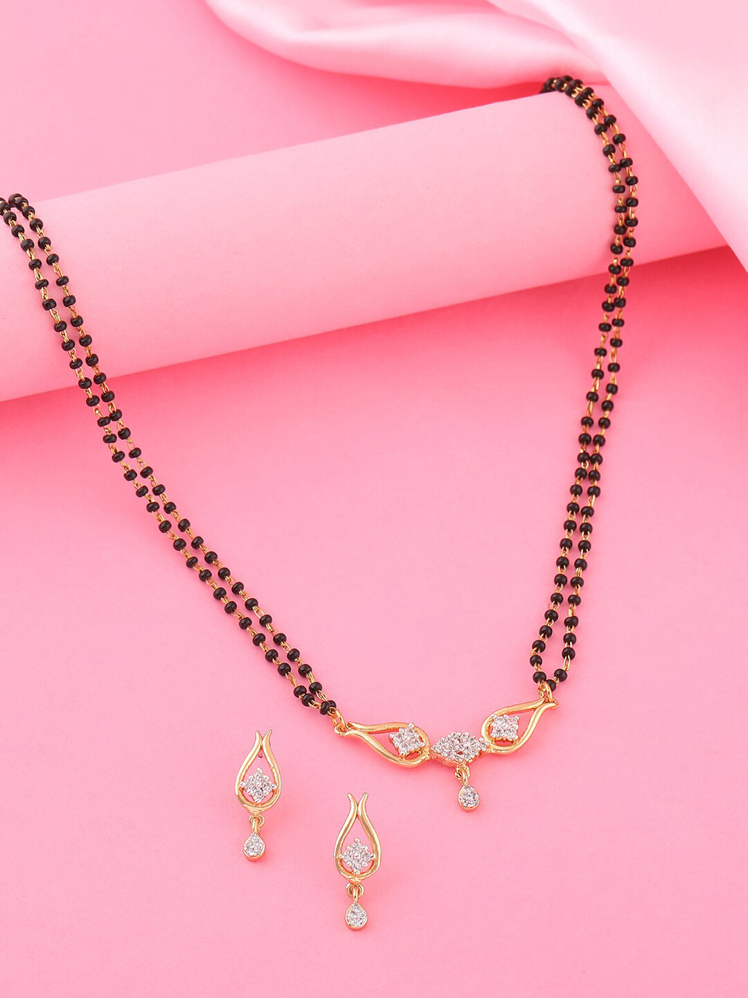 Estele Gold-Plated CZ Flower Drop Designer Mangalsutra & Earrings Set