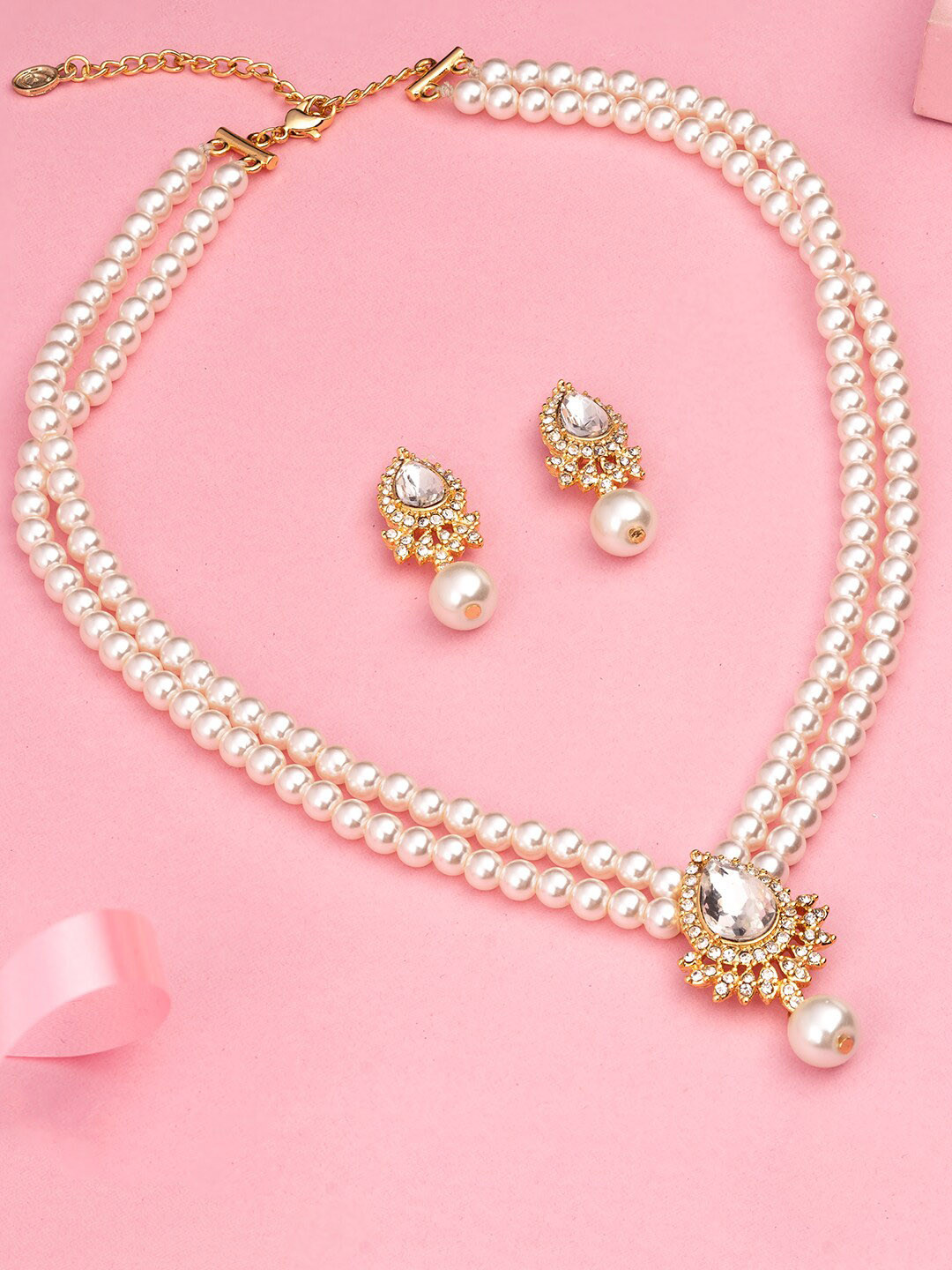Estele Gold-Tone Dual Layer Pearl Necklace Set