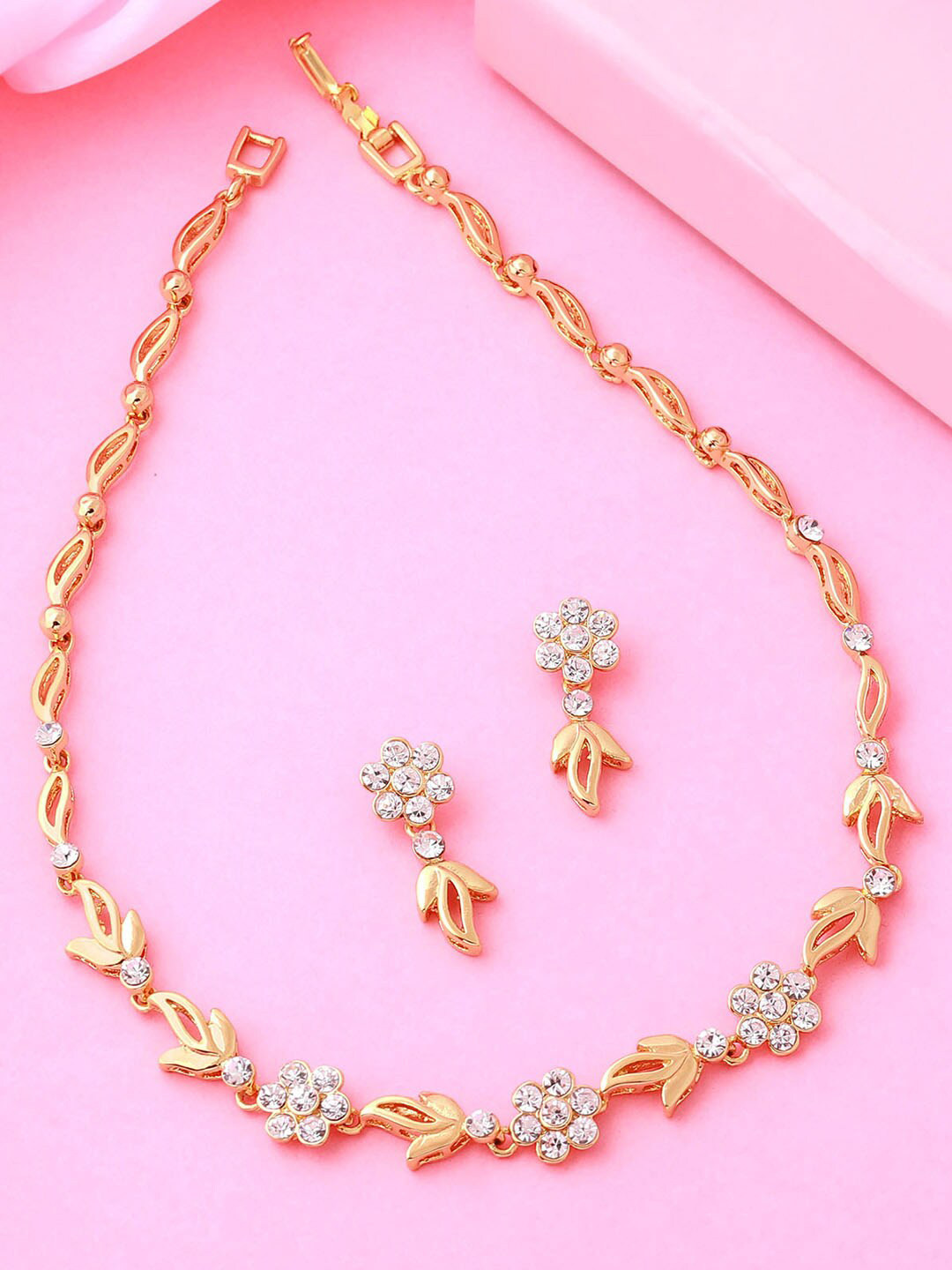 Estele Gold Plated Flower Designer Necklace Set with Crystals