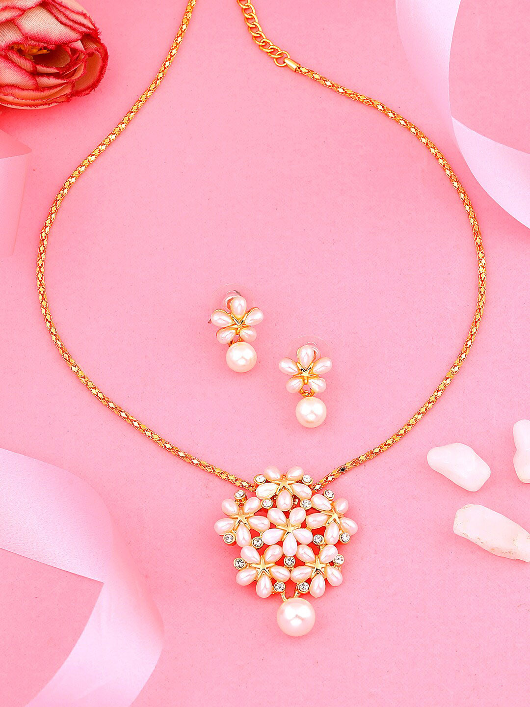 Estele Gold Plated Bouquet Designer Pendant Set with Pearls & Crystals