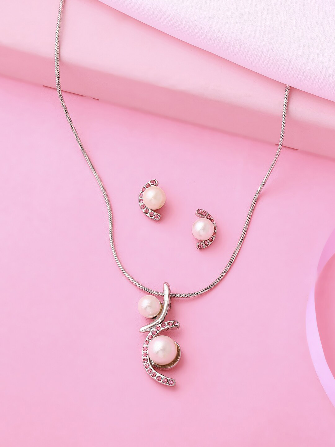 Estele Rhodium Plated Crescent Designer Pendant Set with Pearl & Crystals for Women