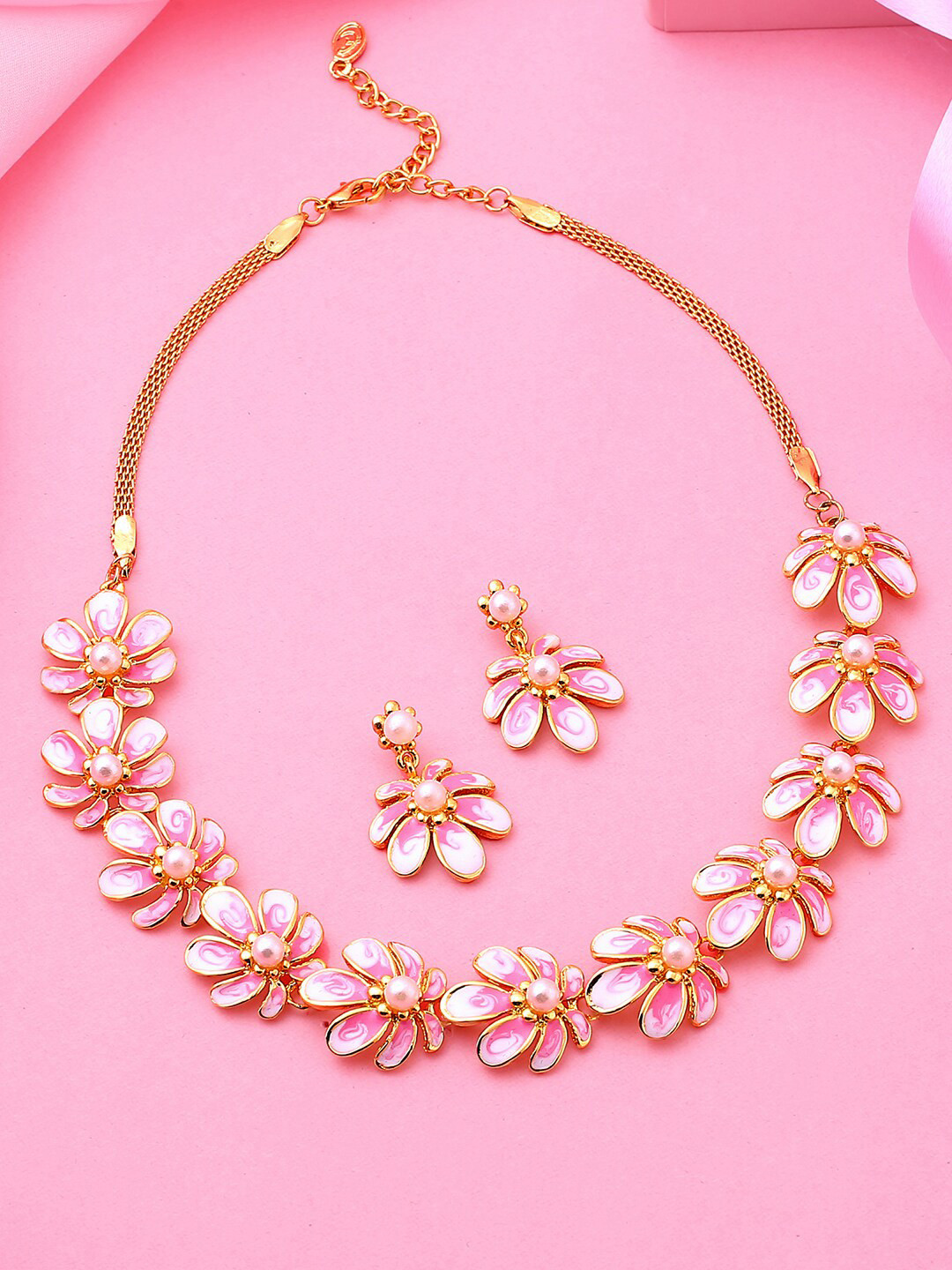Estele Gold Plated Floret Designer Necklace Set with Crystals & Enamel for Women