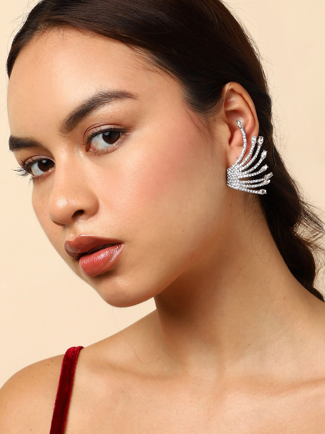 SOHI Silver-Plated Rhinestones Contemporary Ear Cuff Earrings