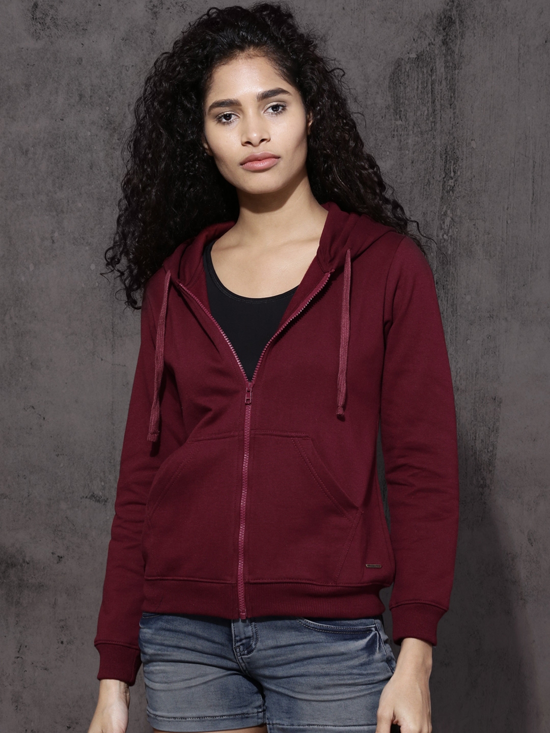 Roadster Women Maroon Solid Hooded Sweatshirt