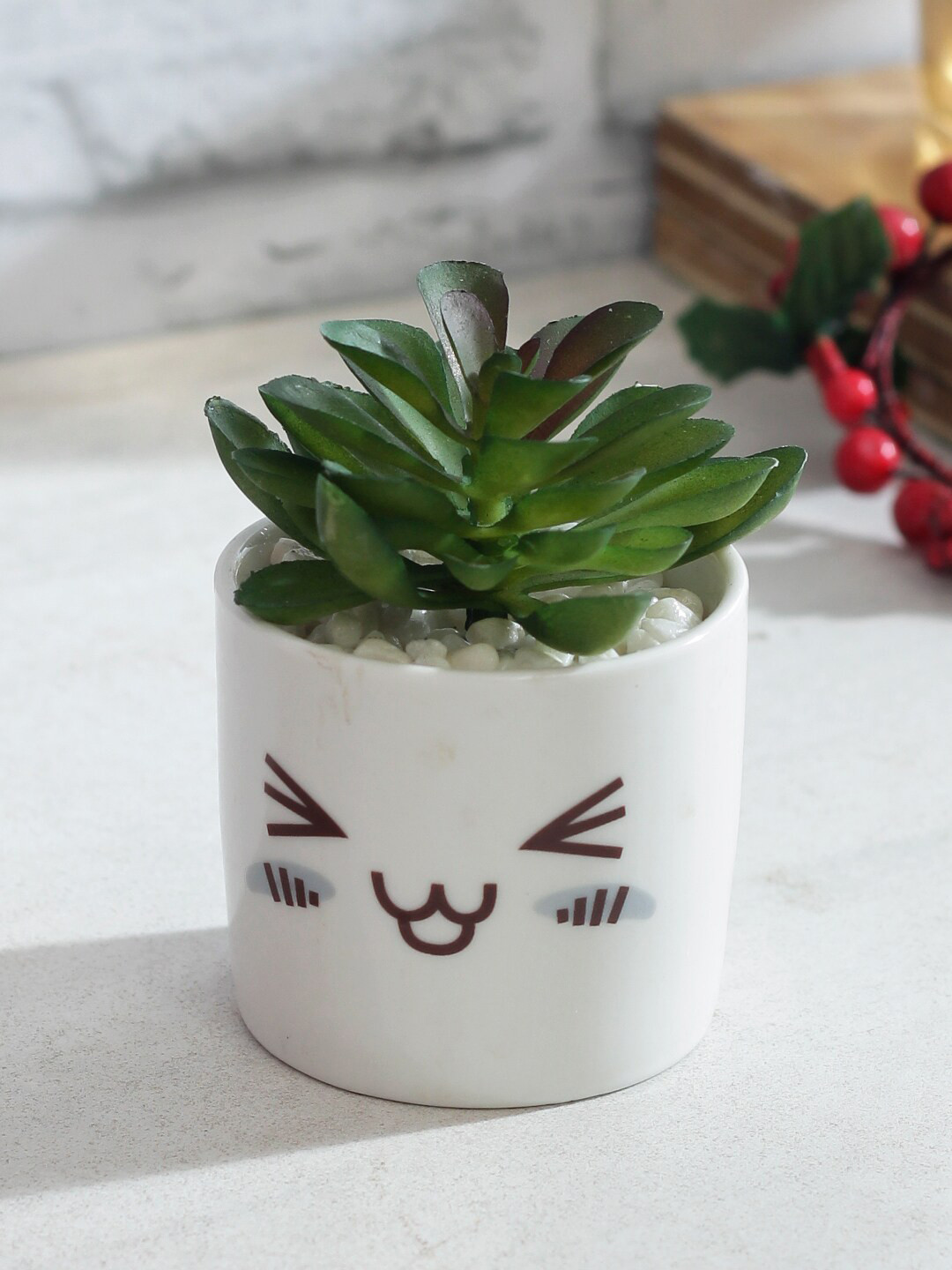 TAYHAA White & Green Artificial Succulent Plant with Pot