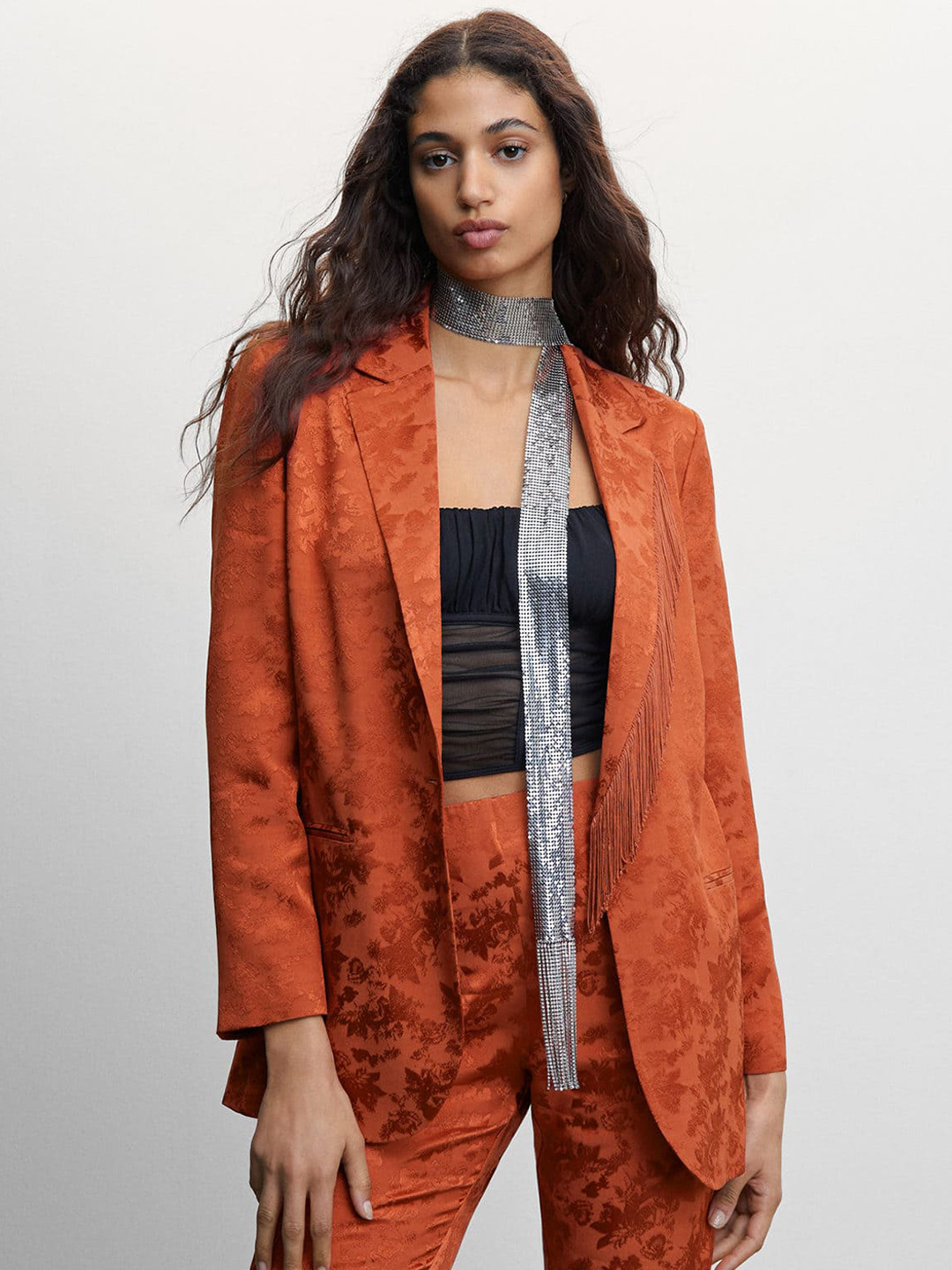 MANGO Jacquard Weave Fringed Blazer