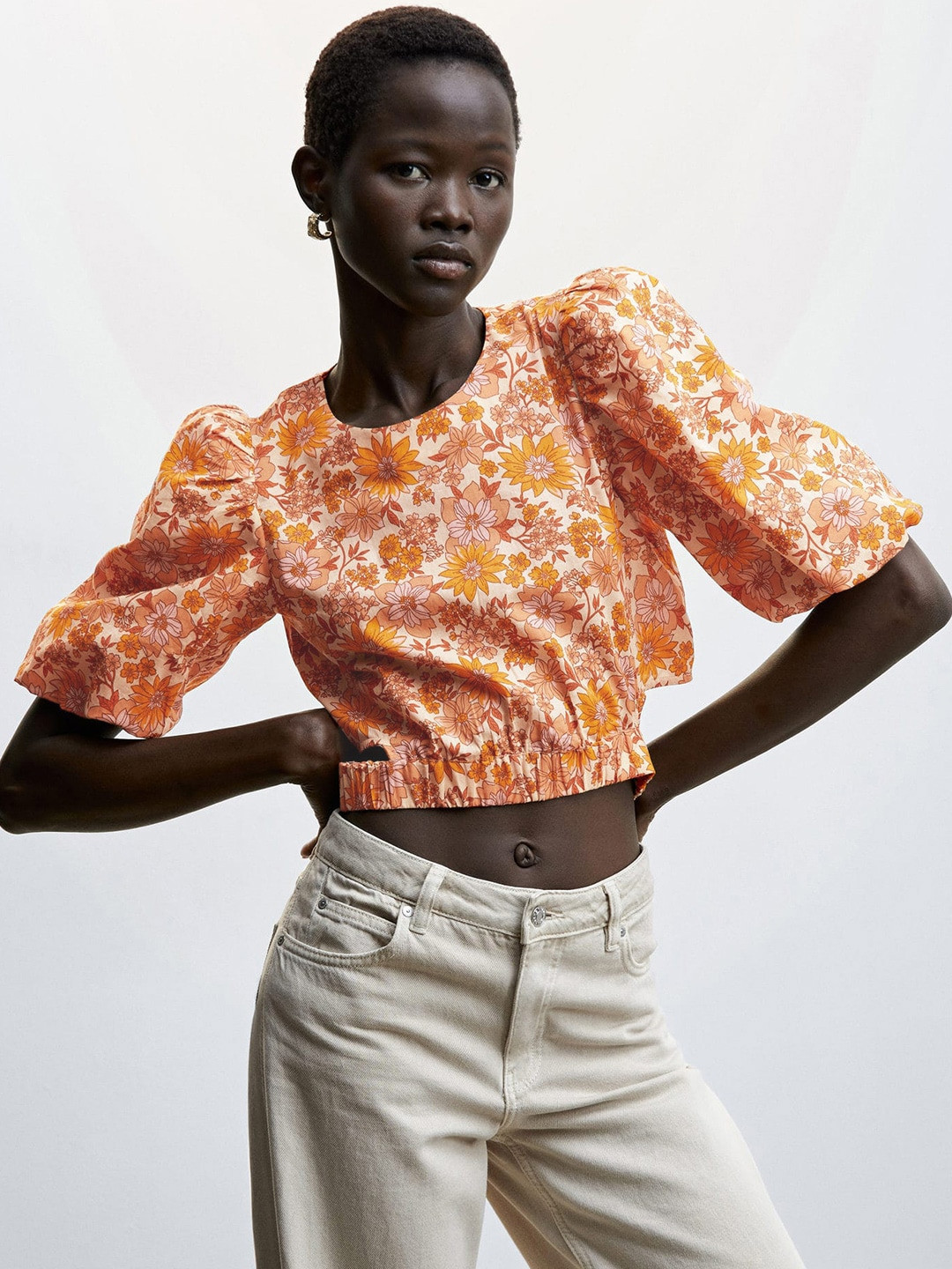 MANGO Floral Print Cotton Blouson Crop Top