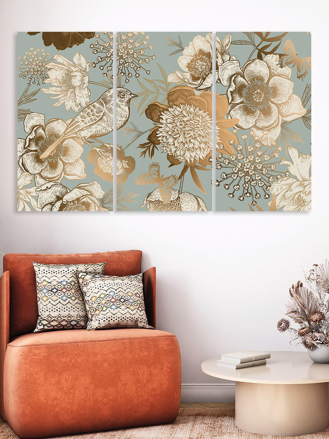 RANDOM 3 Pcs Blue & Gold Toned Retro & Vintage Painting Canvas Wall Art