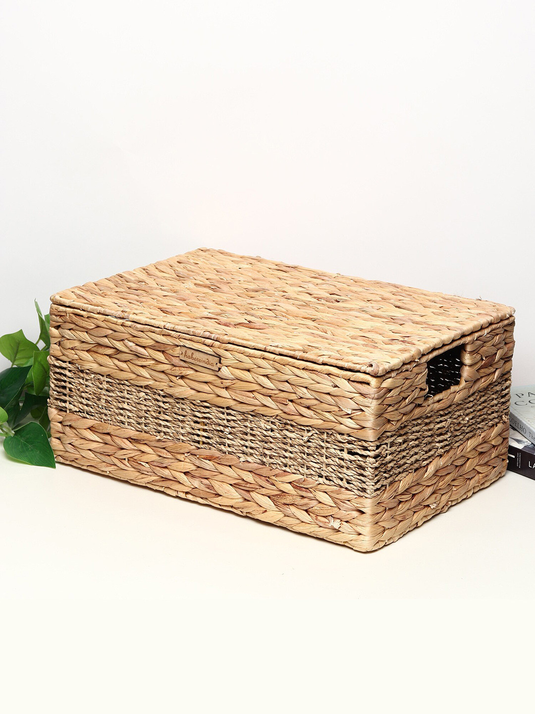 HABERE INDIA Beige Woven Design Medium Storage Basket With Lid