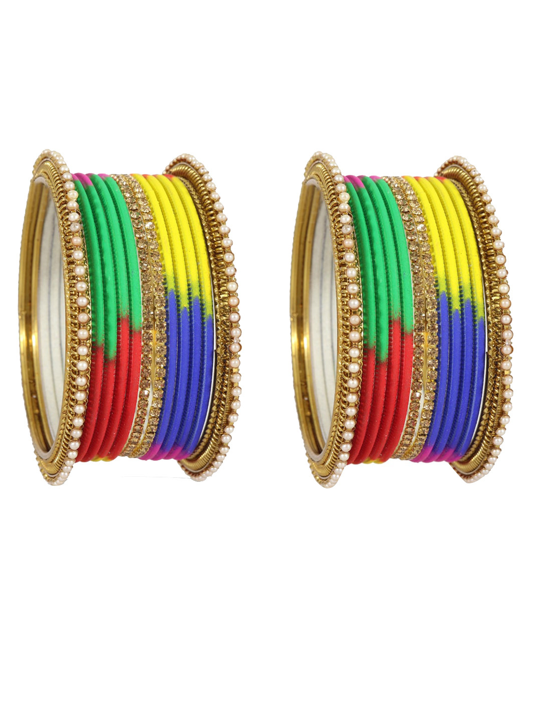 NMII 24 Pieces Pearl-Studded & Beaded Meenakari Bangles