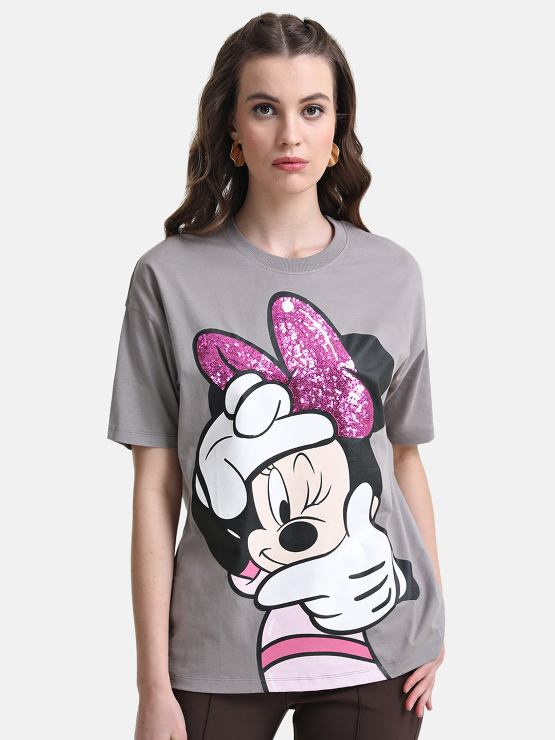 Kazo Women Grey Mickey Mouse Printed Drop-Shoulder Sleeves Loose T-shirt