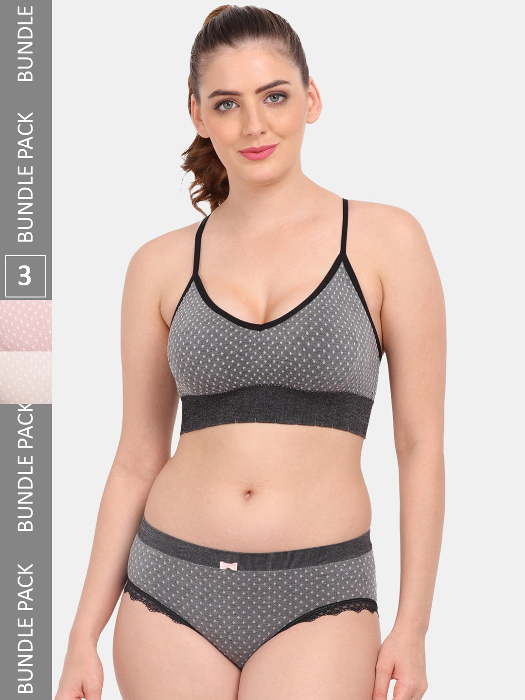 Amour Secret Pack of 3 Printed Lingerie Set S3643_Blk_Lgry_Rbn