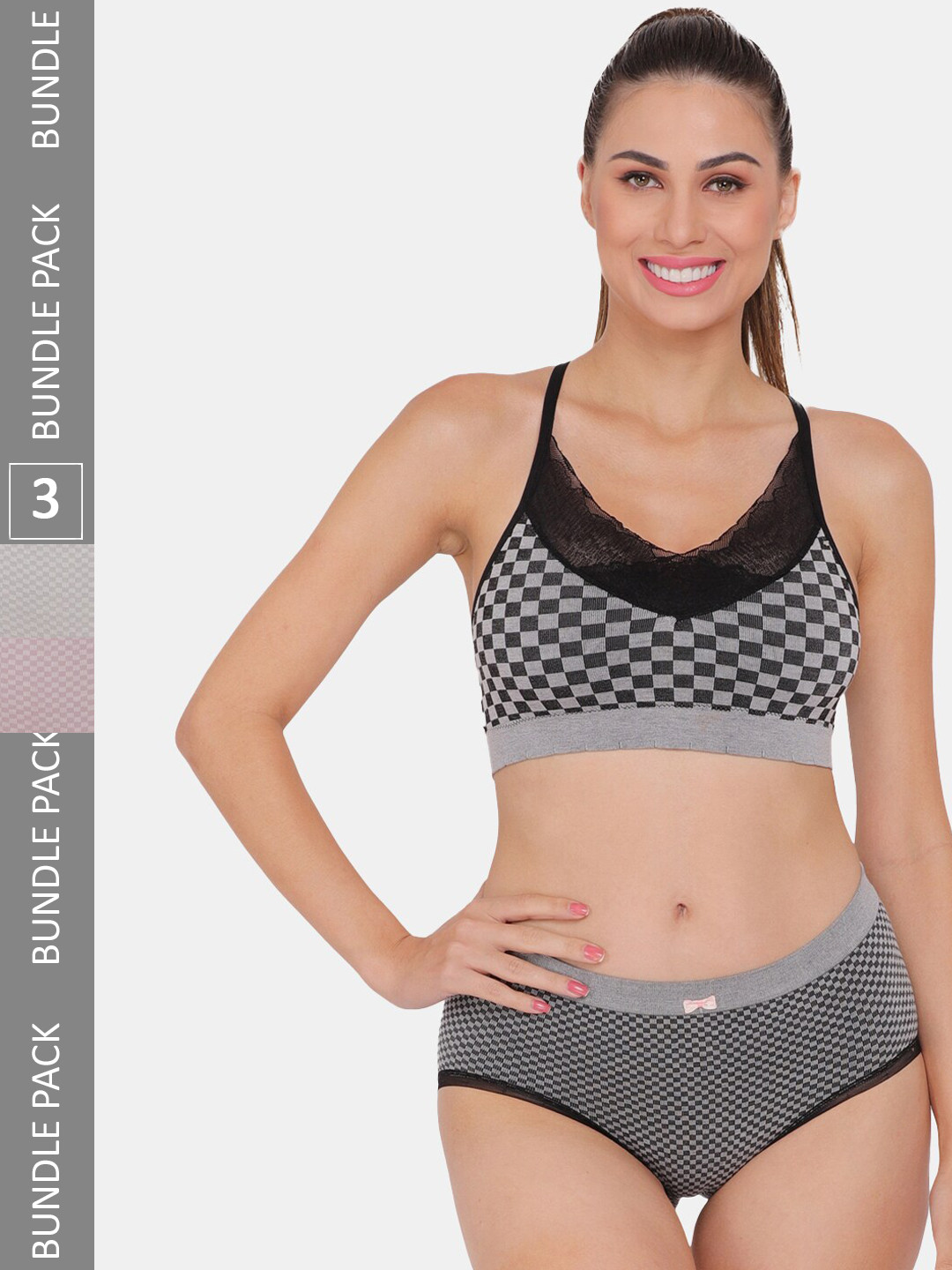 Amour Secret Pack Of 3 Printed Lightly Padded Sports Lingerie Set S3644_Blk_Grn_Muv