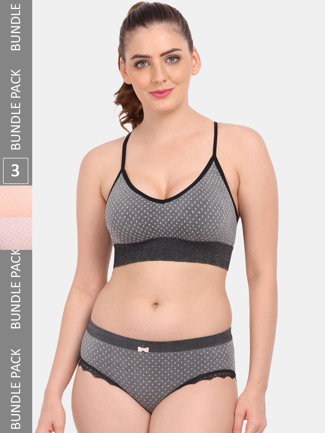 Amour Secret Pack Of 3 Sports Lightly Padded Lingerie Set S3643_Blk_Pch_Rbn