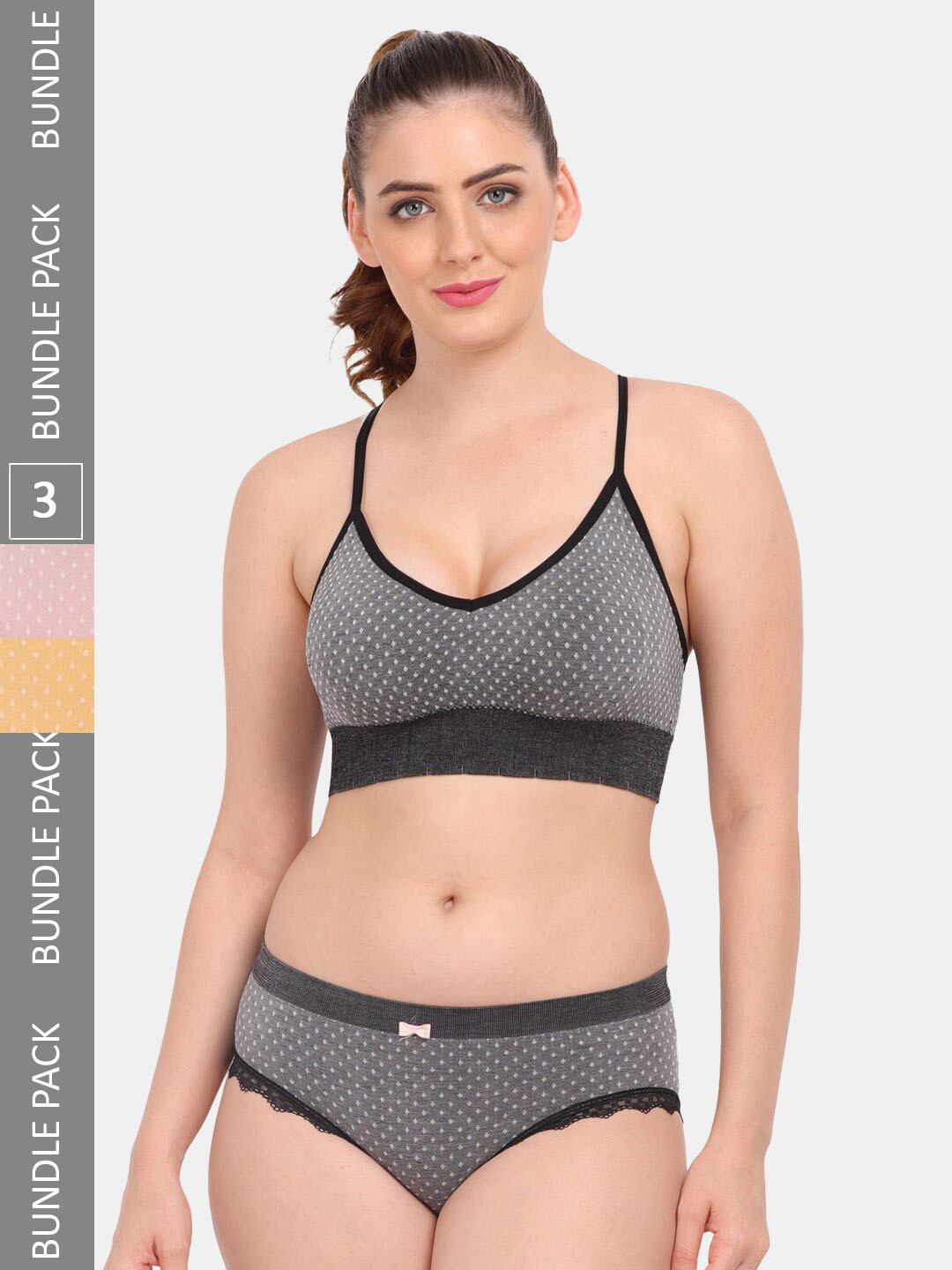 Amour Secret Pack Of 3 Sports Self Design Lingerie Set S3643_Blk_Rbn_Ylw