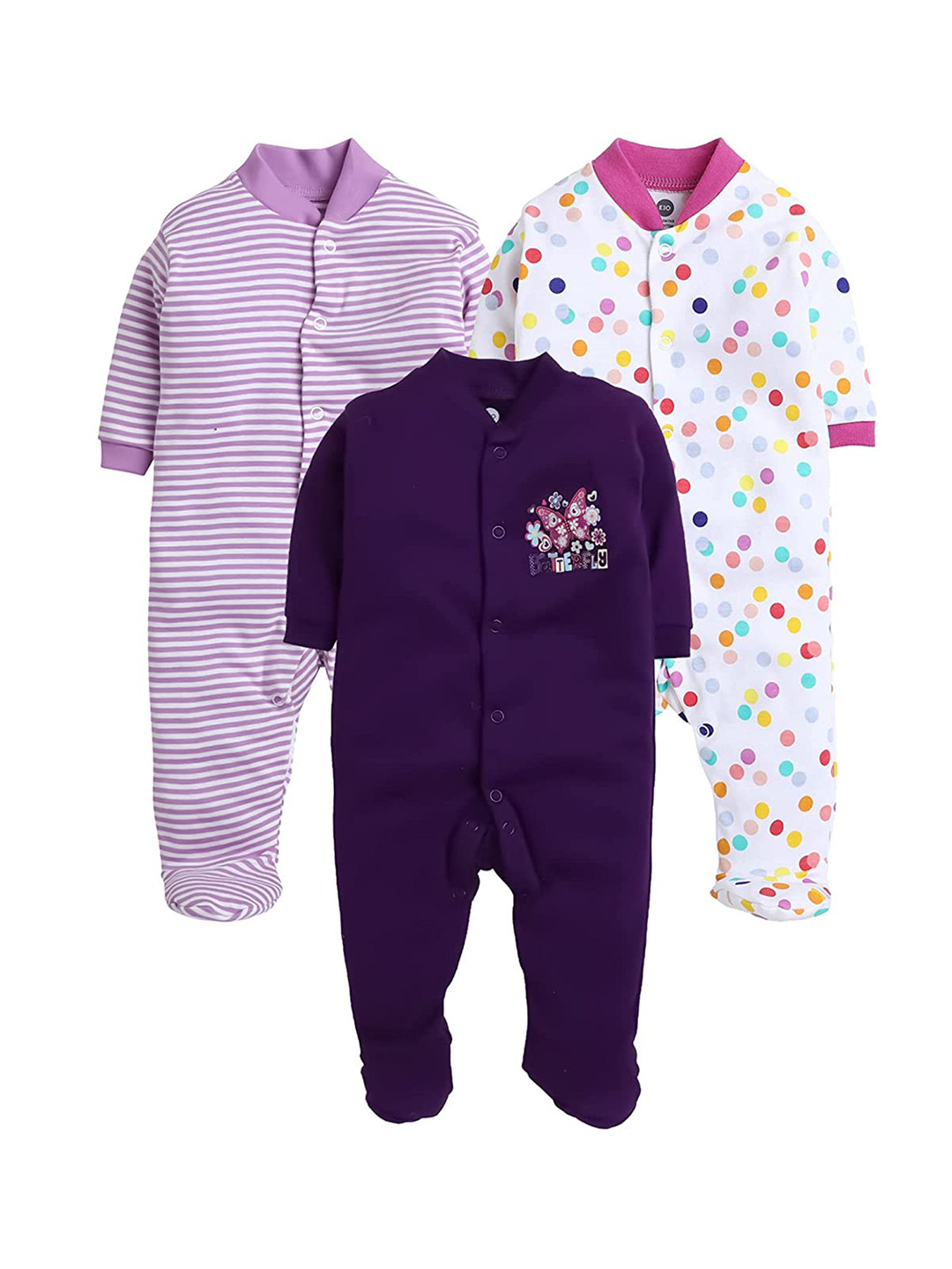 EIO Infant Kids Pack Of 3 Printed Cotton Sleepsuits
