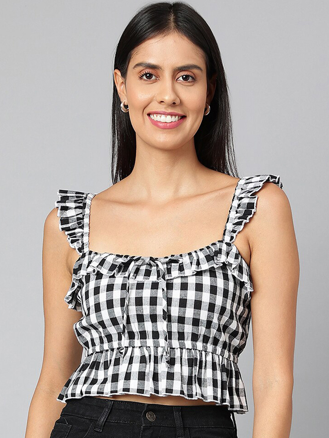 FINSBURY LONDON Checked Ruffles Cotton Crop Top