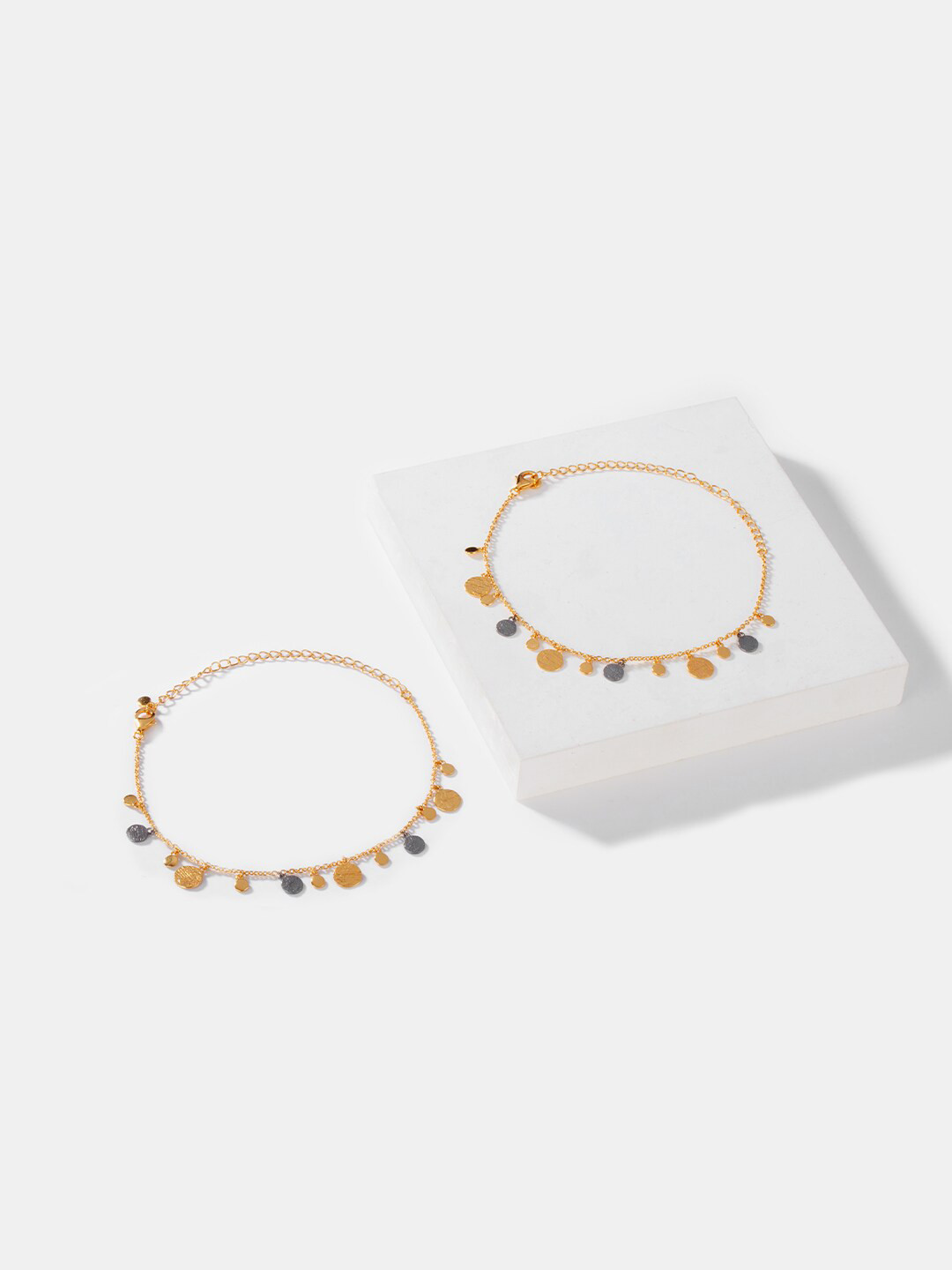 SHAYA 925 Silver Set Of 2 Dual Plated Textured Coin Anklets