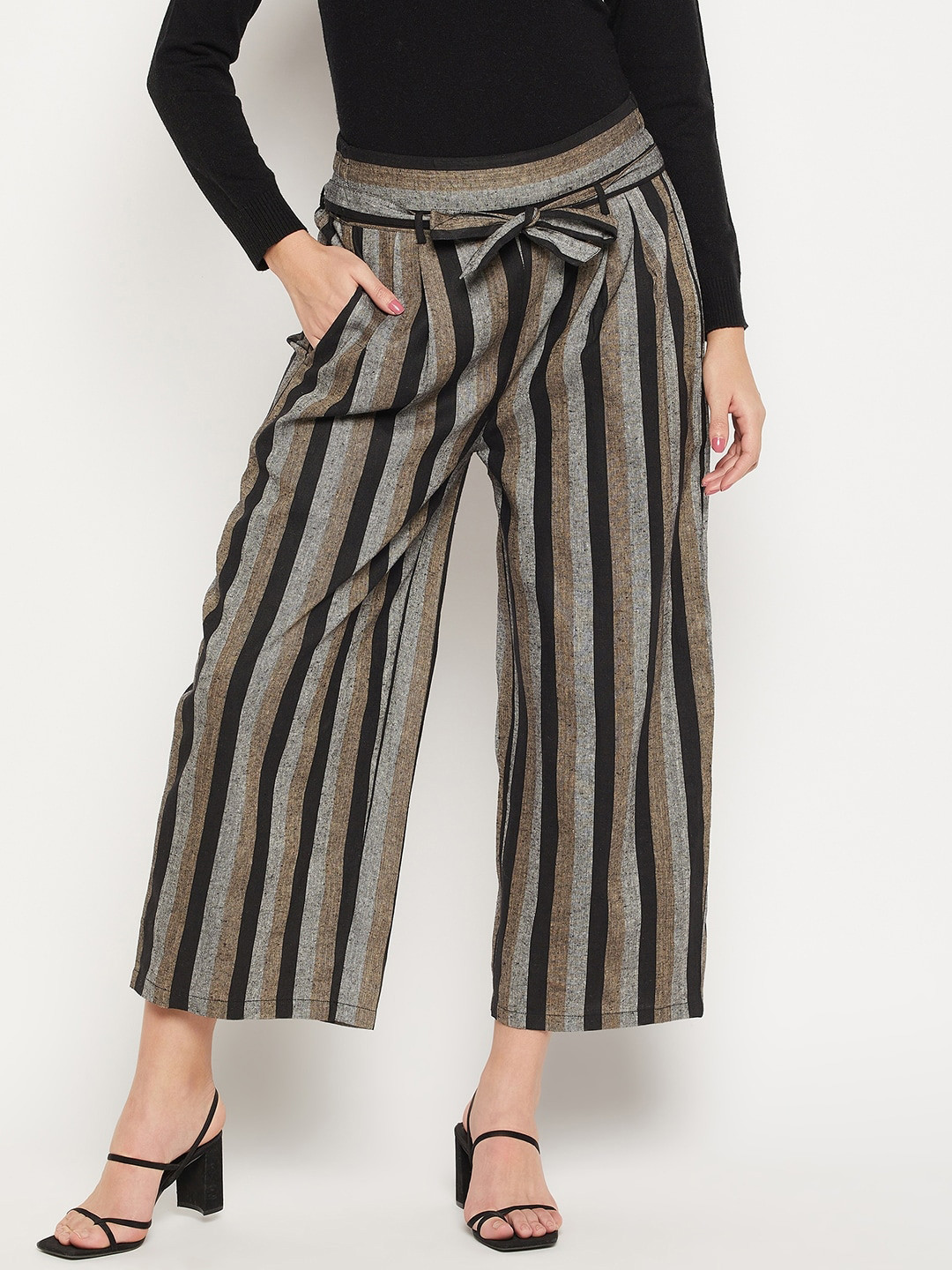 Bitterlime Women Striped Relaxed Flared Wrinkle Free Pleated Cotton Culottes