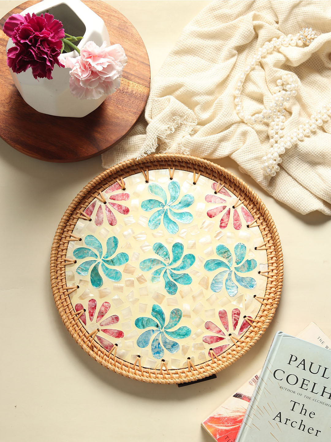 HABERE INDIA Brown Woven Round Rattan Tray With Mosaic Detailing