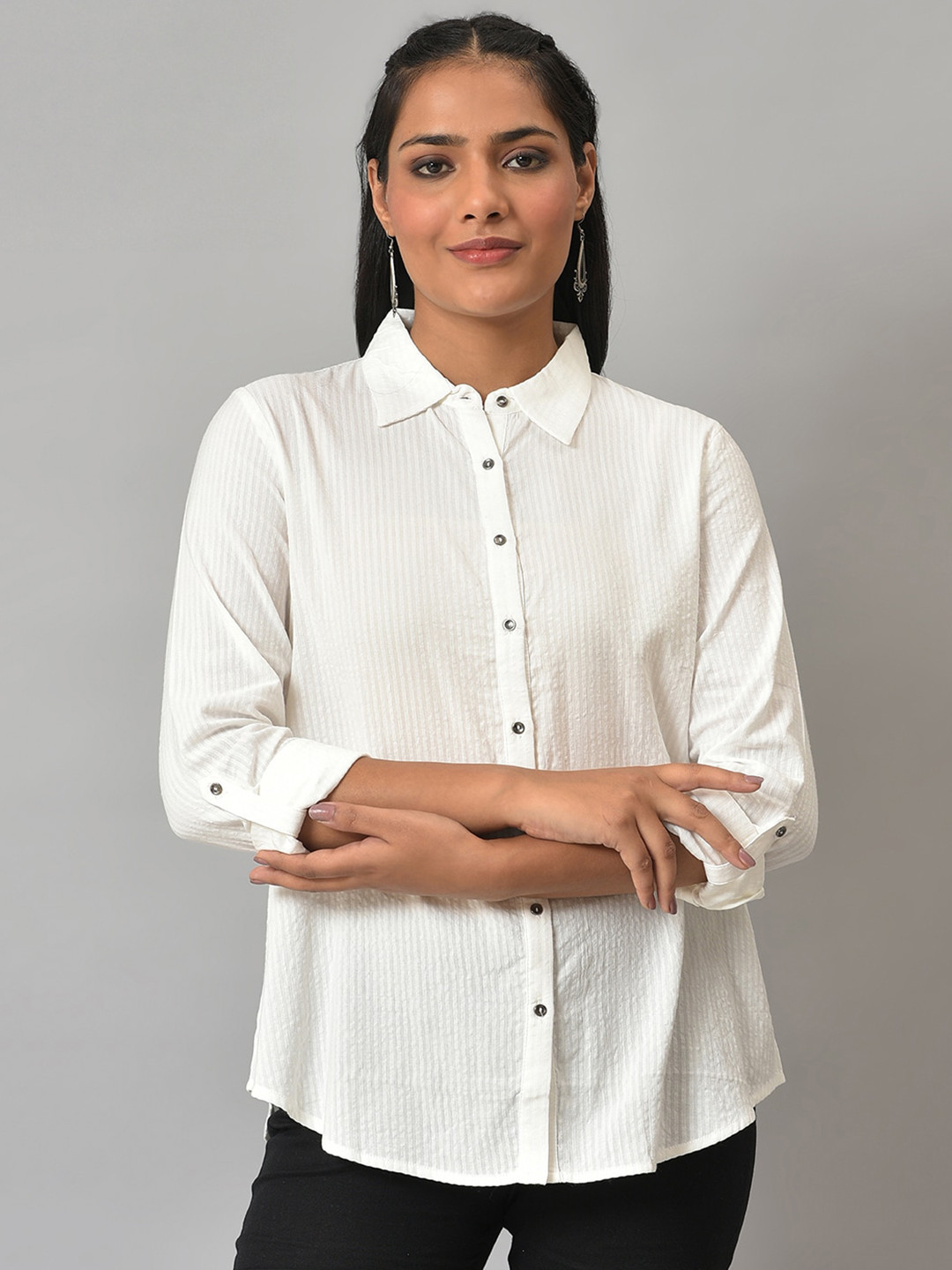 W Striped Shirt Style Pure Cotton Top
