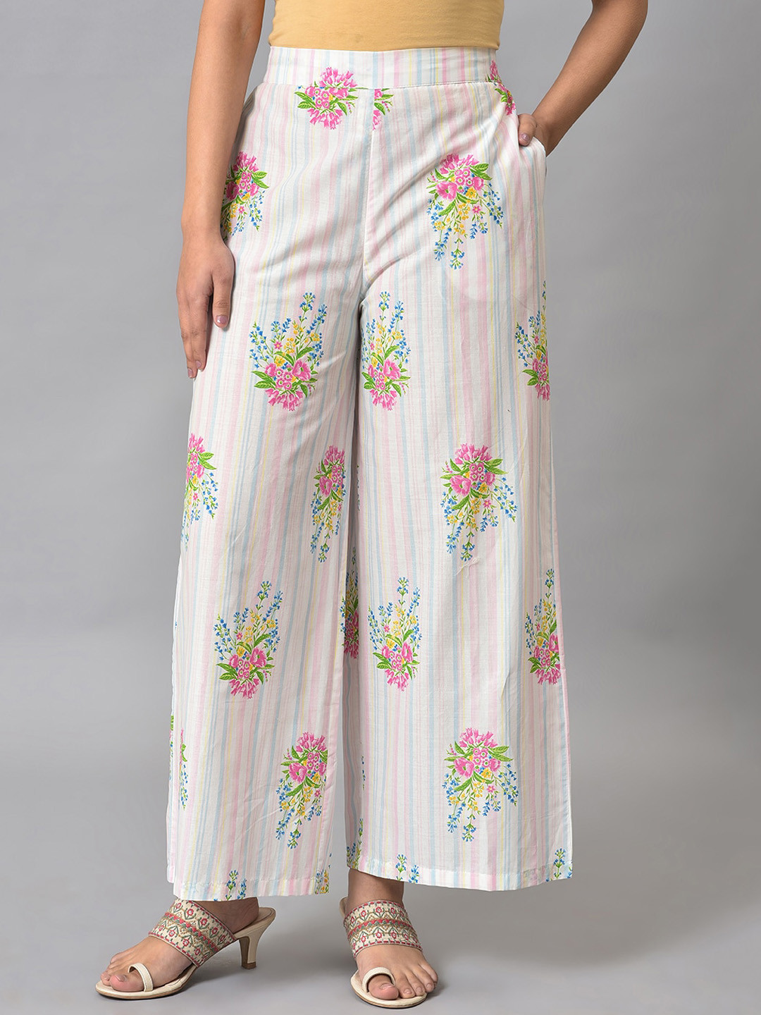 W Women Floral Printed Cotton Wide Leg Trousers