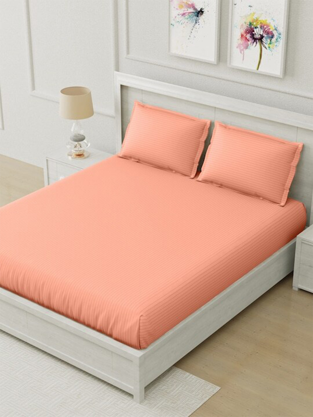 Hammer Home Peach Striped 200 TC King Bedsheet with 2 Pillow Covers 1.98 m x 1.83 m