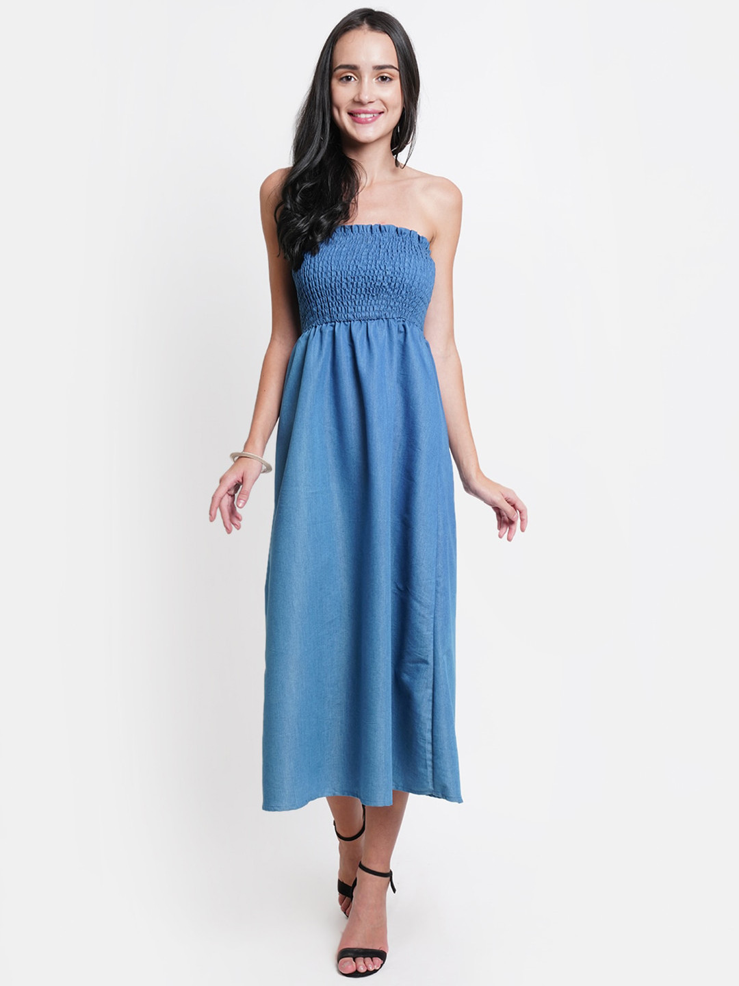 DODO & MOA Off-Shoulder Smocked Denim Midi Dress