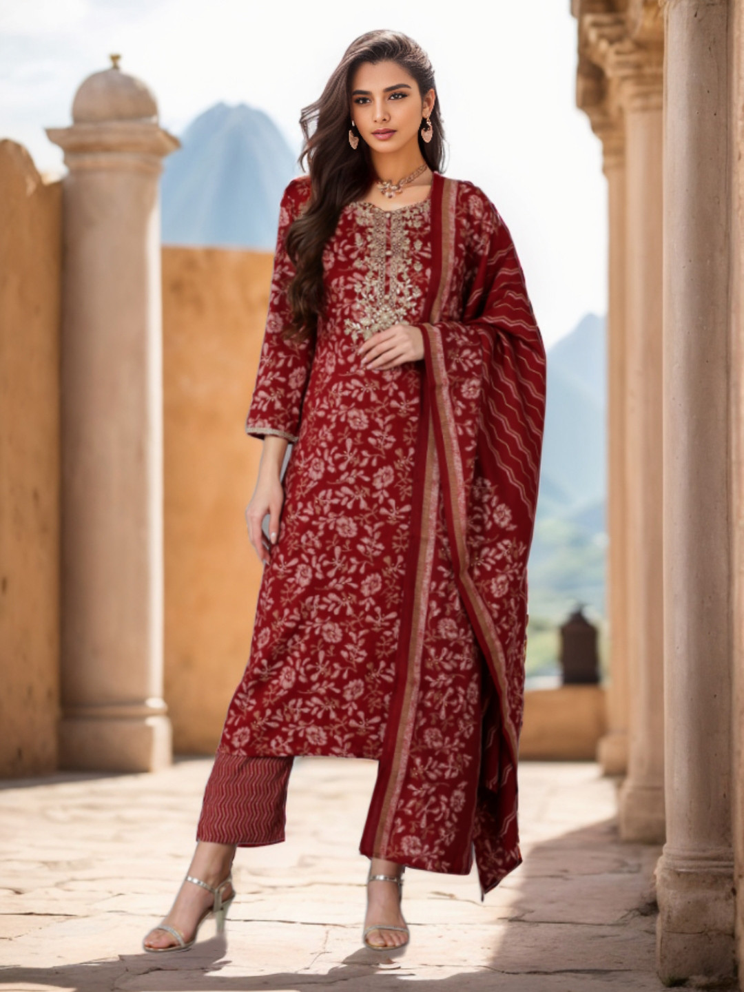 AHIKA Floral Printed Kurta with Trousers & With Dupatta