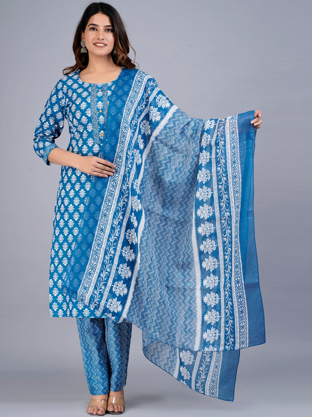 KALINI Floral Printed Beads and Stones Pure Cotton Kurta with Trousers & Dupatta