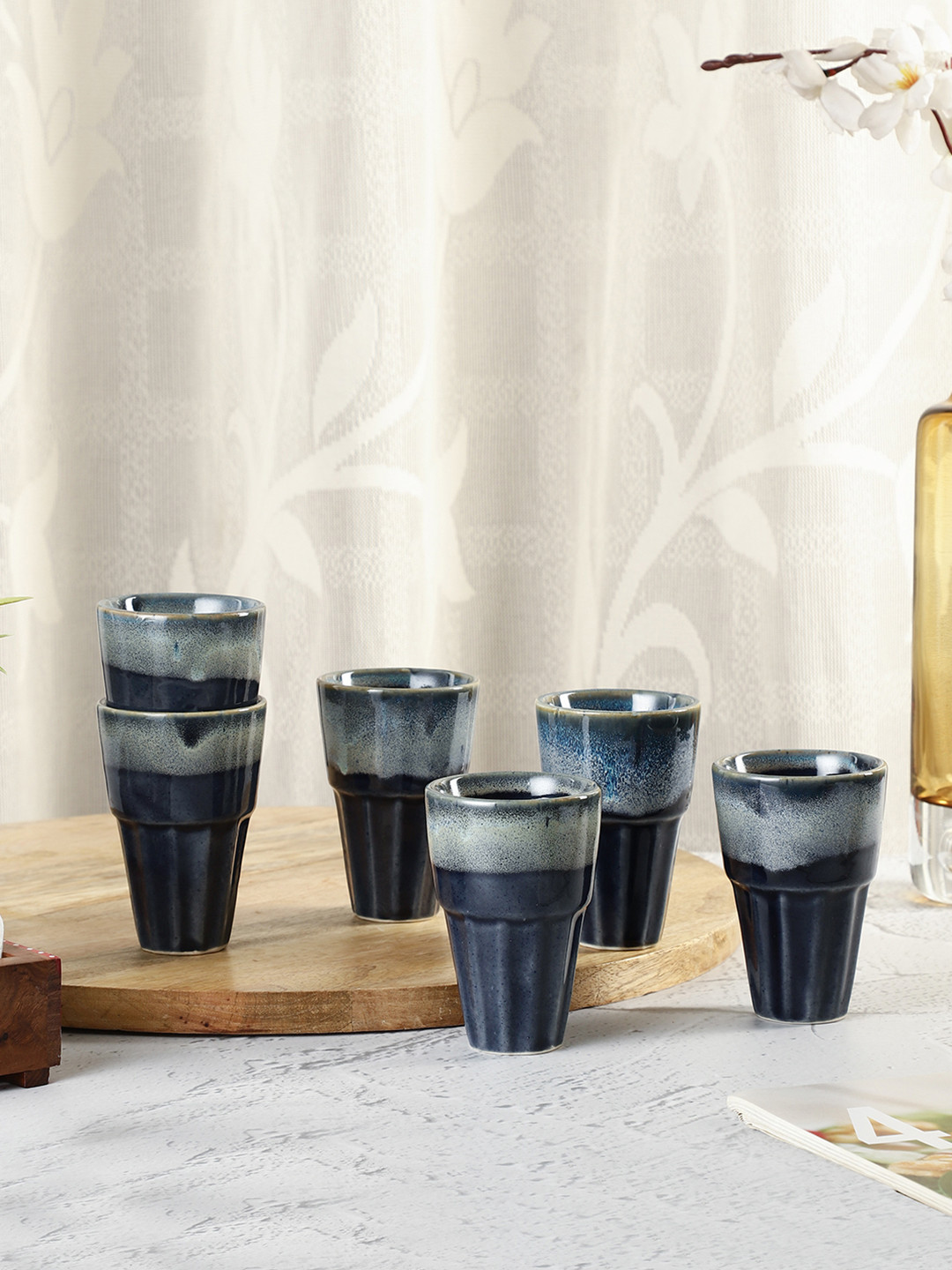 VarEesha Bloom Tea Trio Blue Textured Ceramic Microwave Safe 6 Piece Kulladhs-130ml