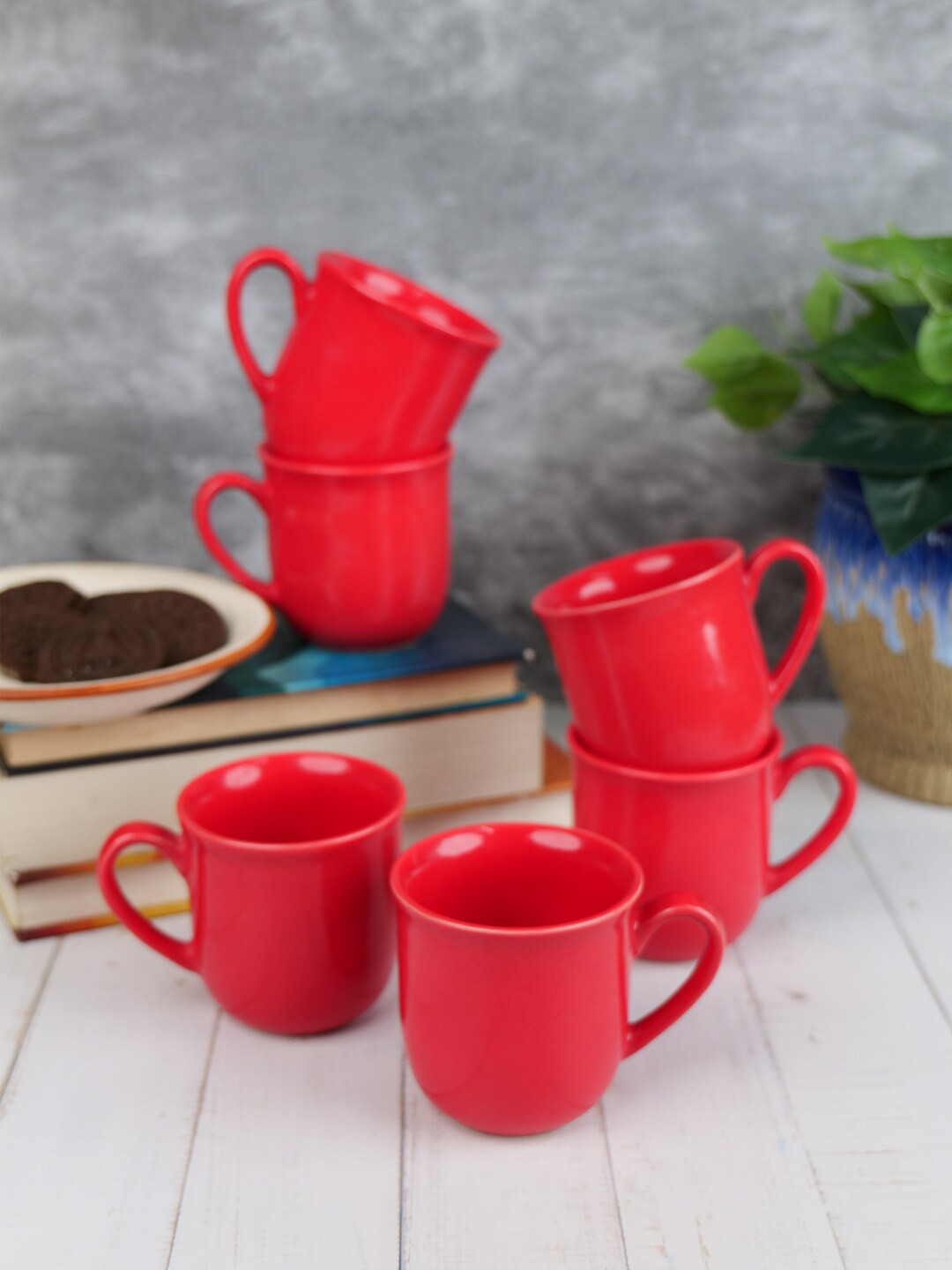 VarEesha Red 6 Pcs Solid Ceramic Glossy Mugs 150 ml Each