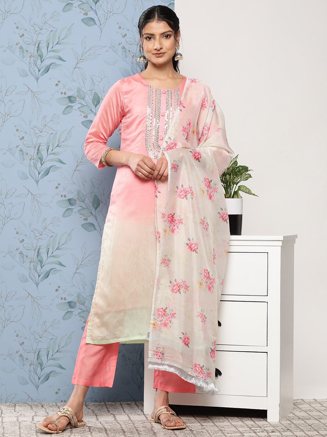 Varanga Women Pink Ombre Embroidered Sequinned Kurta with Trousers & With Dupatta