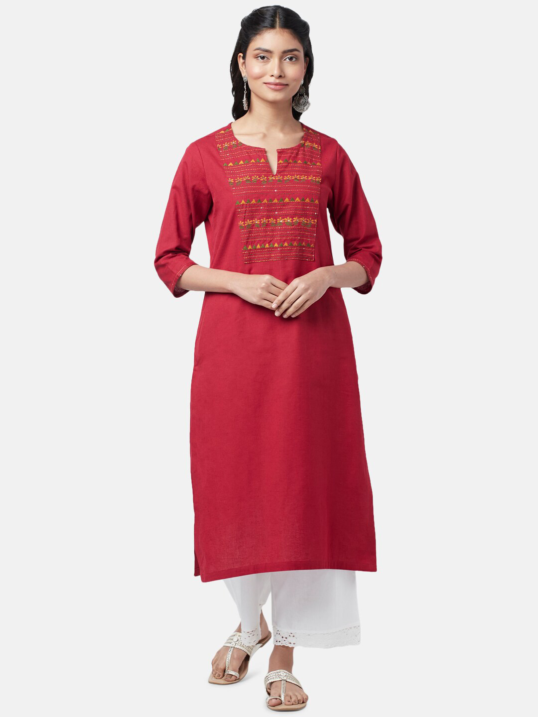 RANGMANCH BY PANTALOONS Women Red Ethnic Motifs Yoke Design Keyhole Neck Flared Sleeves Thread Work Kurta
