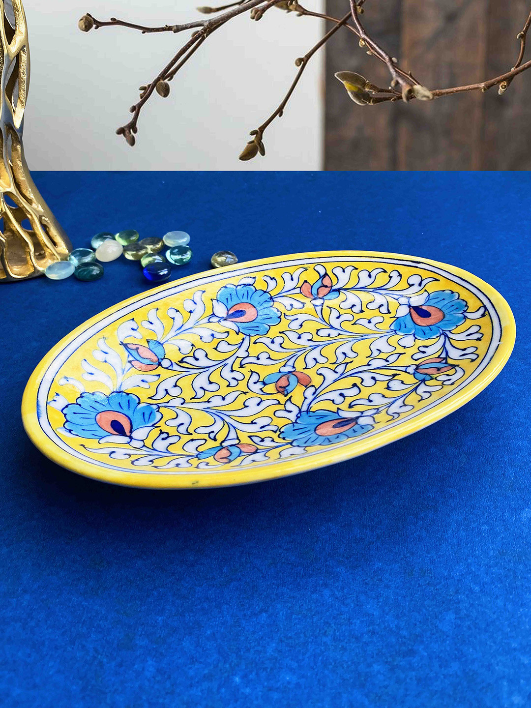 Folkstorys Nalini Yellow & Blue Printed Ceramic Tray