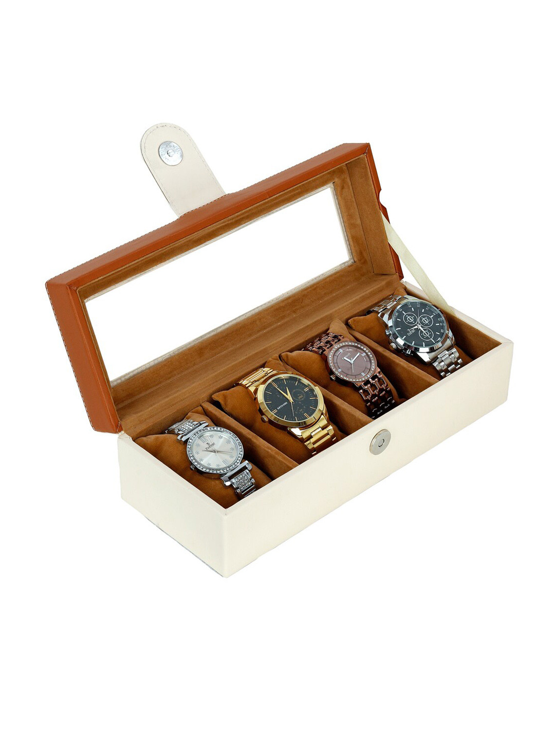 Leather World 4 Slots Beige-Colored Watch Organizer Case