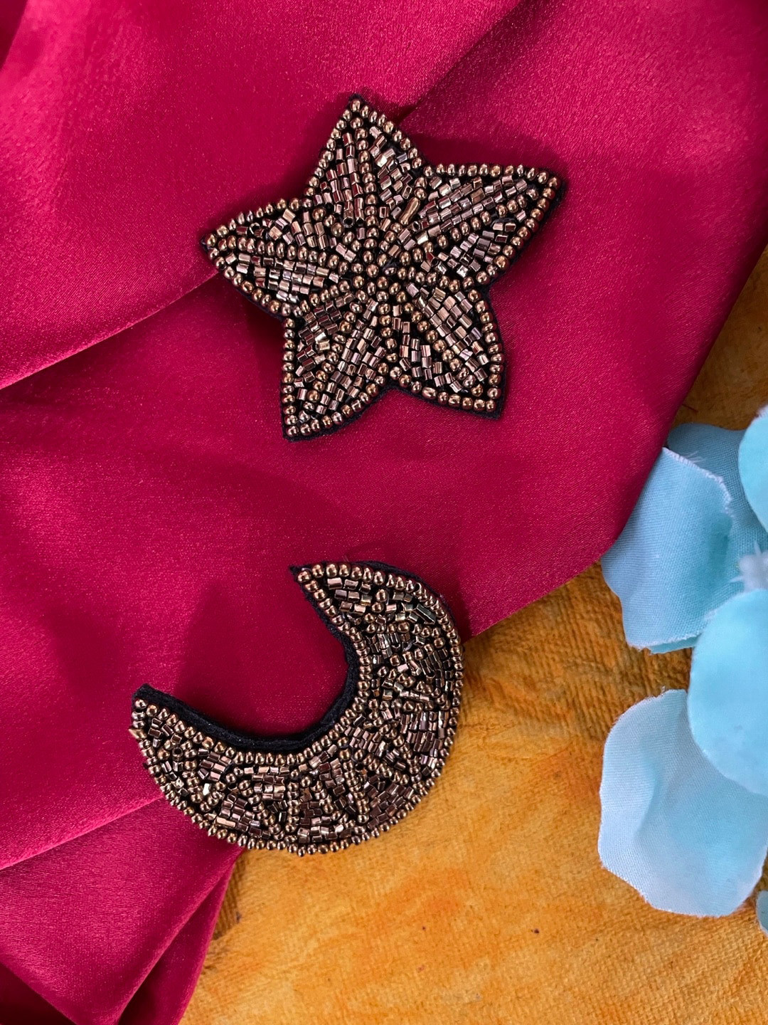 Digital Dress Room Beaded Fabric Star & Moon Shaped Studs Earrings