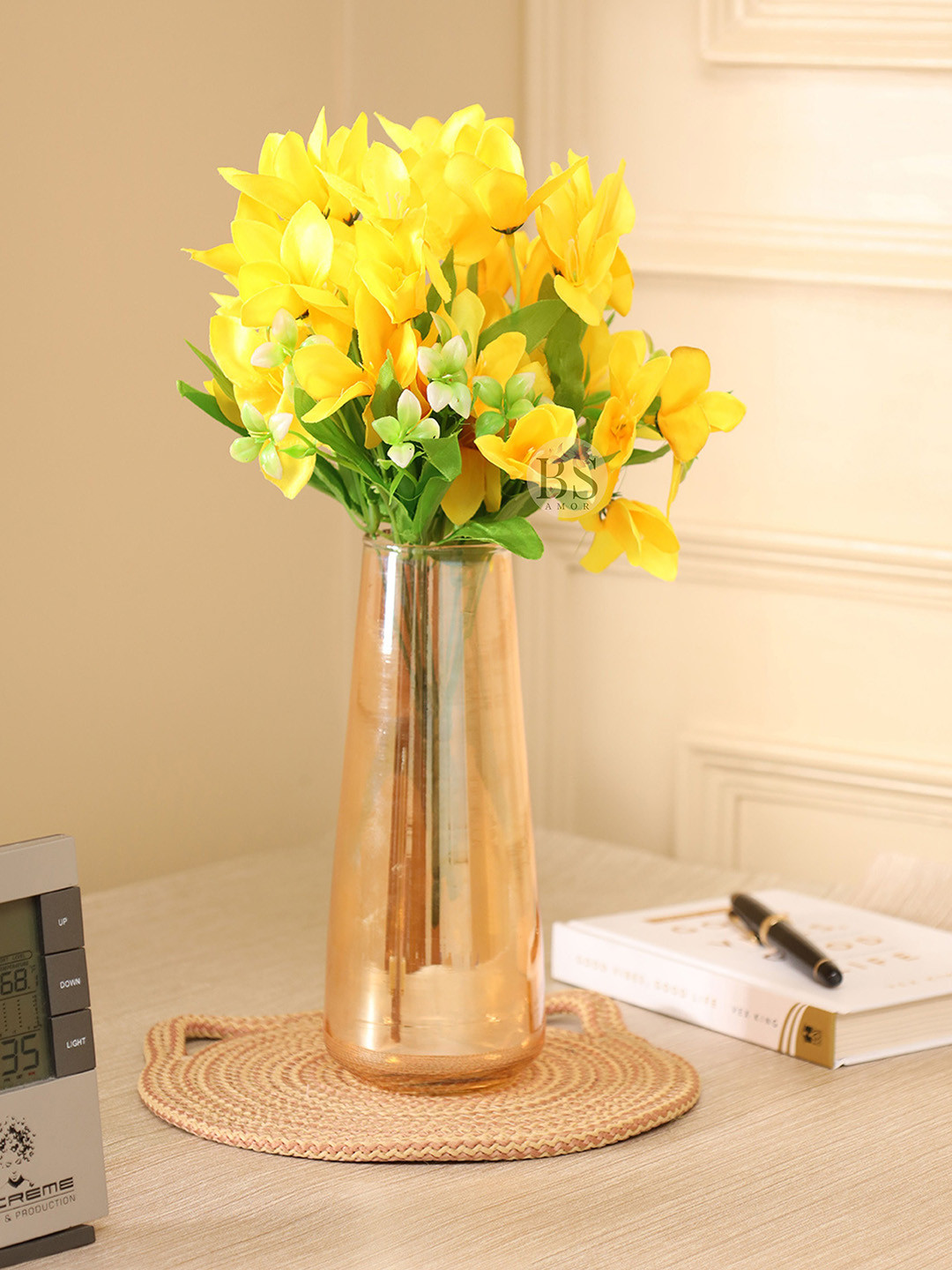BS AMOR Yellow Artificial Flowers Bunch With Glass Vase