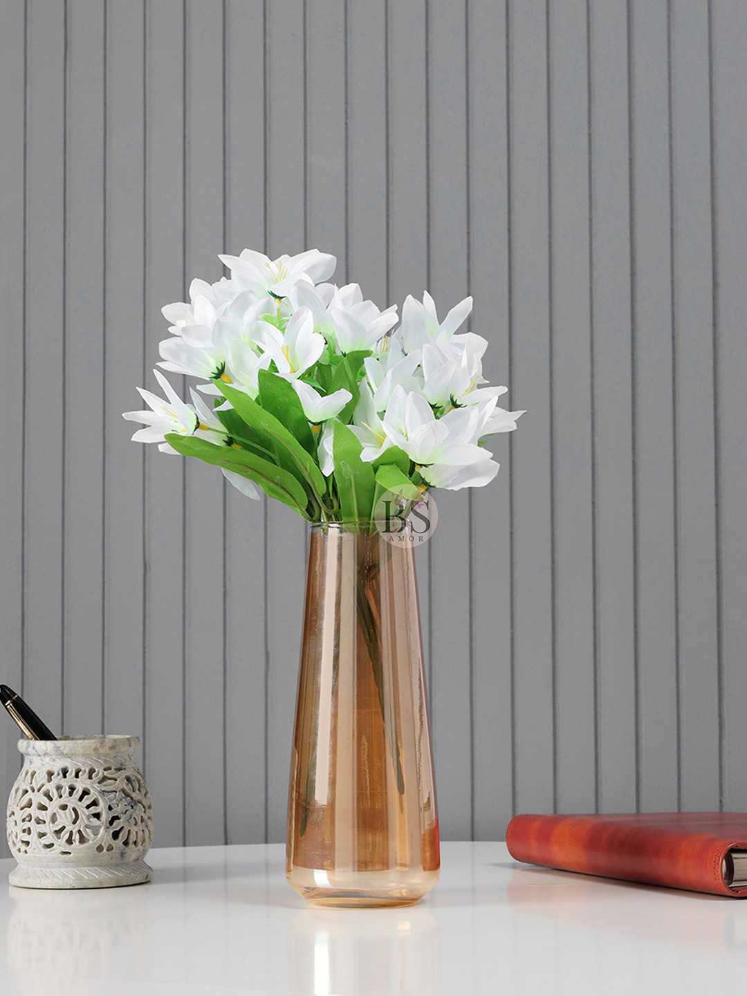 BS AMOR White & Green Artificial Flower With Glass Vase